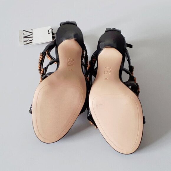 NWT Zara black & brown beaded open toe heeled strappy gladiator sandal, 6 - Picture 10 of 12